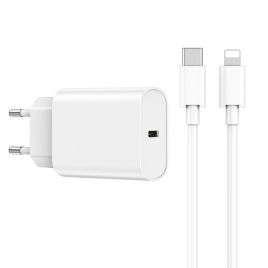 CHARGEUR MURAL RAPIDE + CABLE POUR IPHONE USB C 20W WIWU BLANC