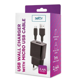 CHARGEUR MURAL + CABLE MICRO USB NOIR 2.4A