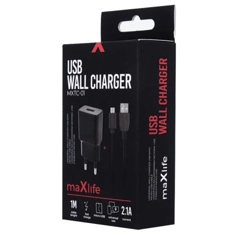 CHARGEUR + CABLE MICRO USB CHARGE RAPIDE 2.1A NOIR