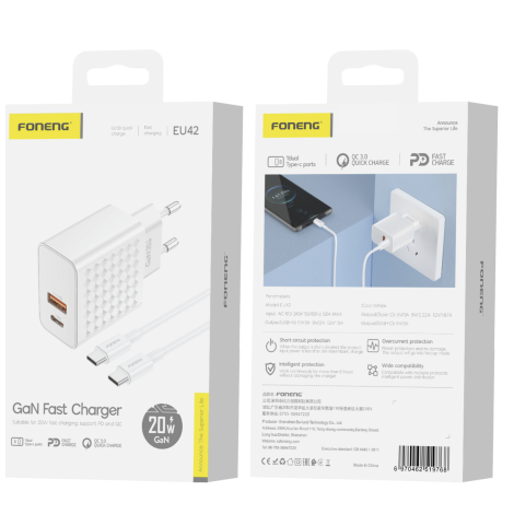 Foneng Chargeur mural EU42 GaN - USB + Type C - PD 20W 3A avec câble Type C vers Type C blanc