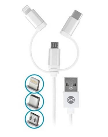 CABLE USB FOREVER 3 EN 1 MICRO USB LIGHTNING USB C BLANC
