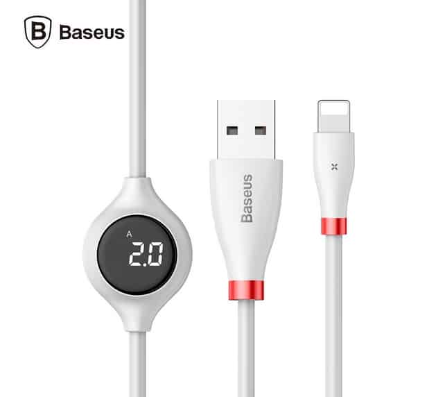 CABLE USB LIGHTNING AVEC ECRAN DE CHARGE DIGITAL BASEAUS BIG EYE 2A 1 M BLANC