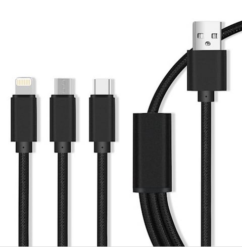CABLE USB 3 en 1 MAXLIFE MICRO USB + TYPE C + LIGHTNING 2A 1 M NOIR