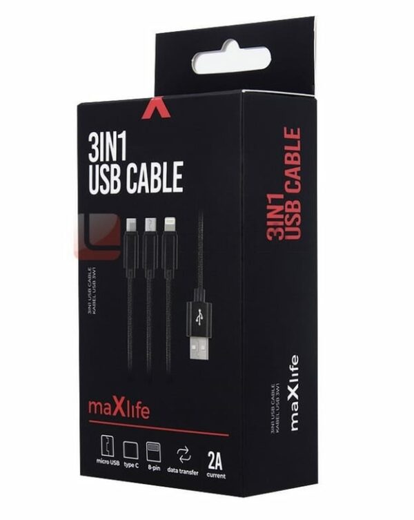 CABLE USB 3 en 1 MAXLIFE MICRO USB + TYPE C + LIGHTNING 2A 1 M NOIR