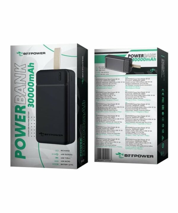 BEEPOWER POWER BANK 30 000 mAh 2USB+TYPE C NOIRE