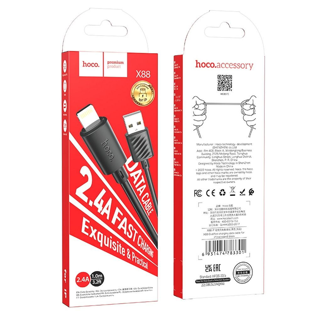 CABLE HOCO X88 USB TYPE A LIGHTNING 2,4A CHARGE RAPIDE NOIR