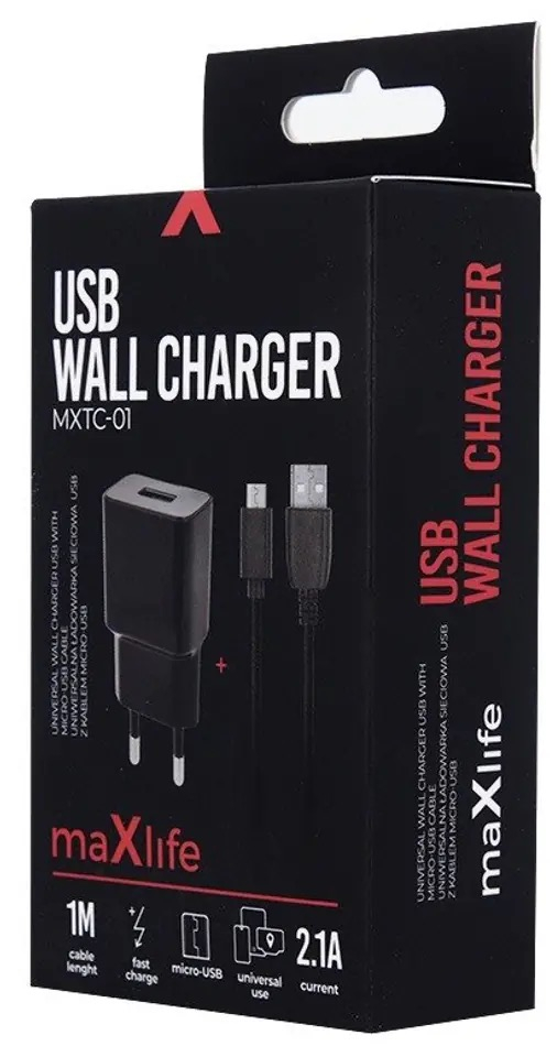 CHARGEUR + CABLE MICRO USB CHARGE RAPIDE 2.1A NOIR