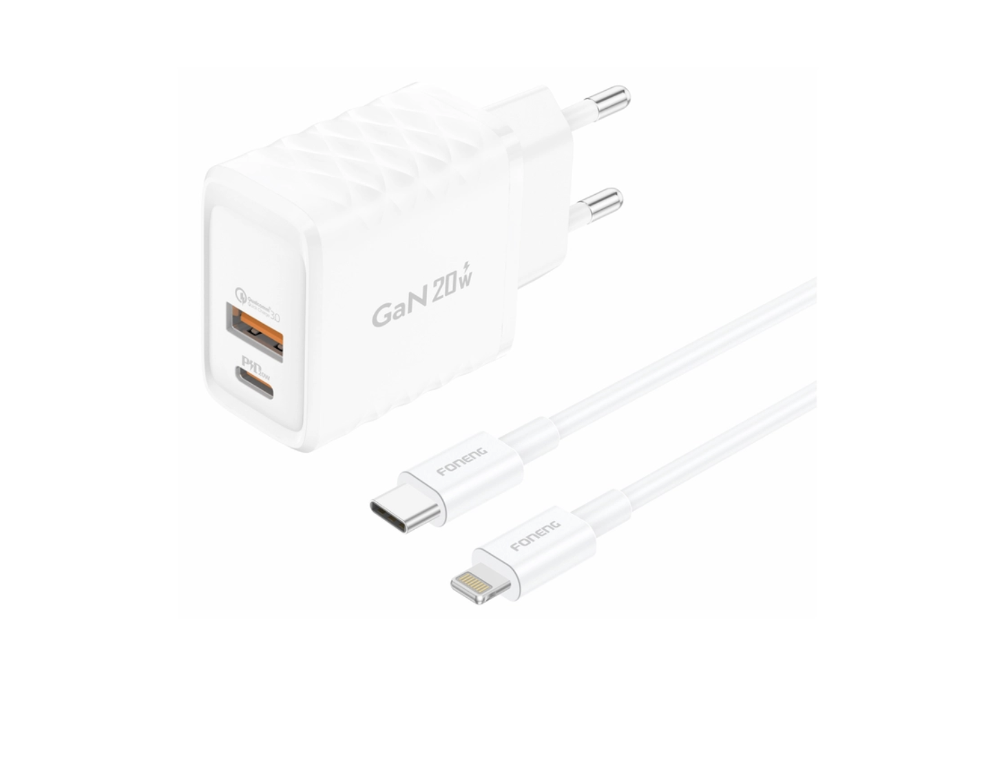 CHARGEUR USB C + USB A 20W CHARGE RAPIDE +CABLE LIGHTNINH FONENG EU56 BLC