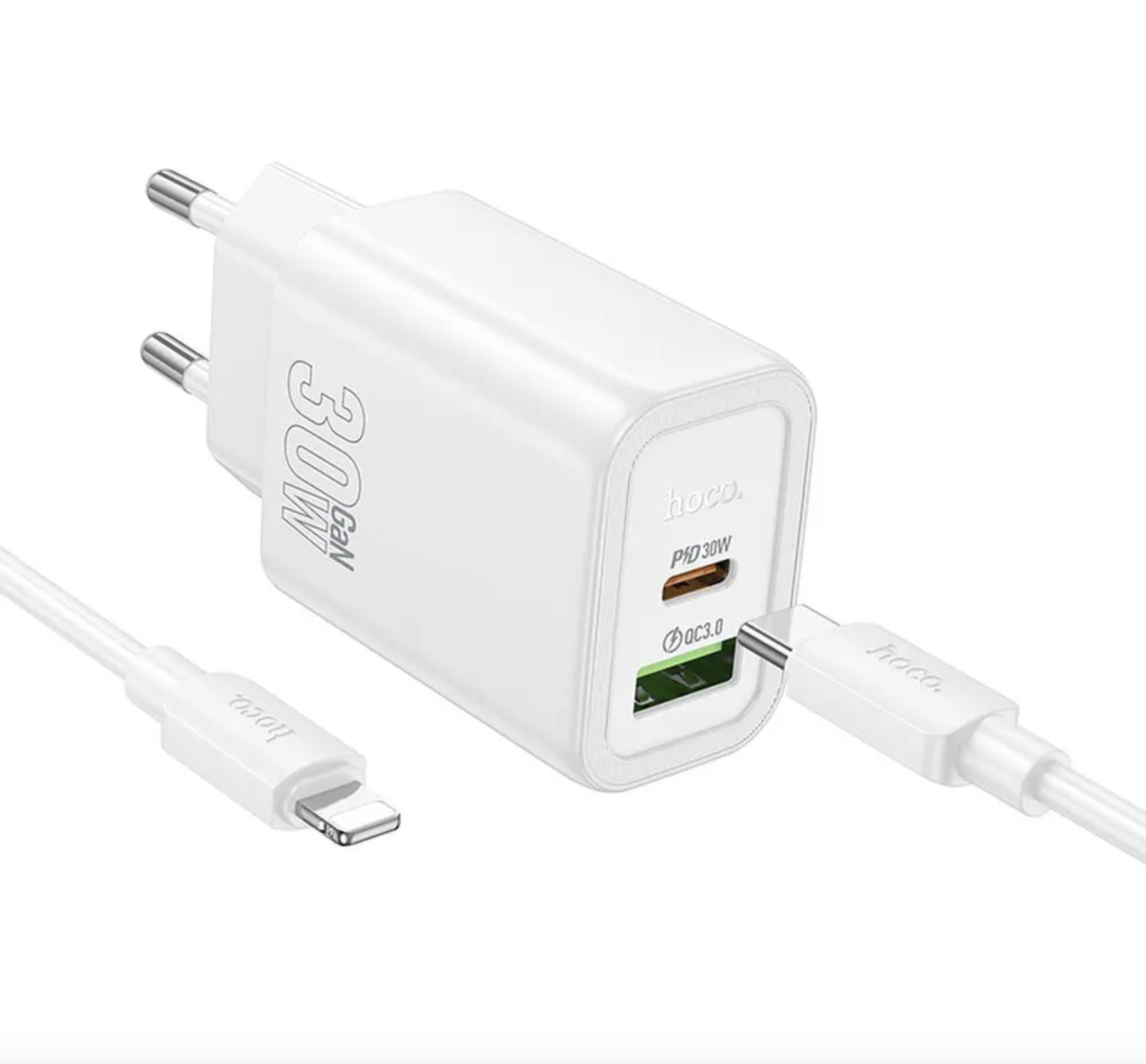 CHARGEUR USB+TYPE C 30W + CABLE C VERS LIGHTNING BLANC