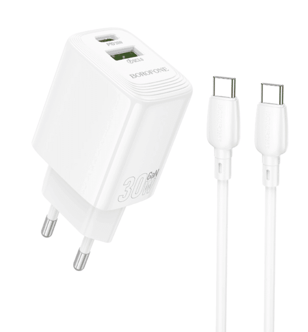 CHARGEUR USB+TYPE C + CABLE TYPEC/TYPE C 30W BLANC