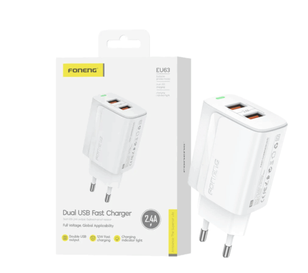 CHARGEUR 2 USB FAST CHARGE 2.4A BLANC FONENG